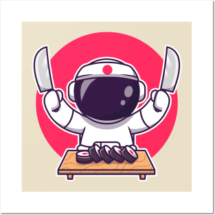 Cute Astronaut Sushi With Knife Posters and Art